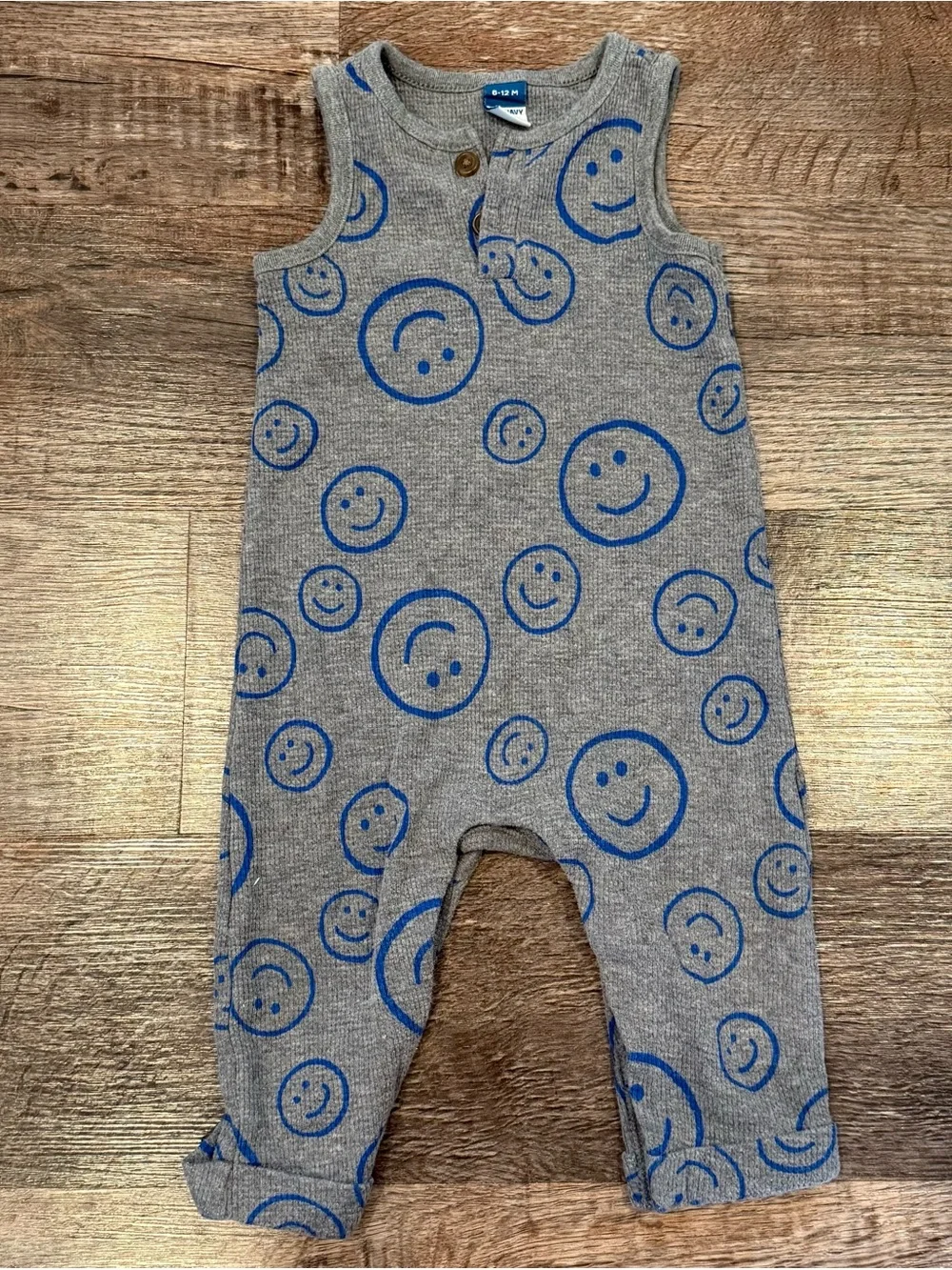 Old Navy Gray Tank Top Romper Blue Smiley Faces All Over Print 6-12 Months